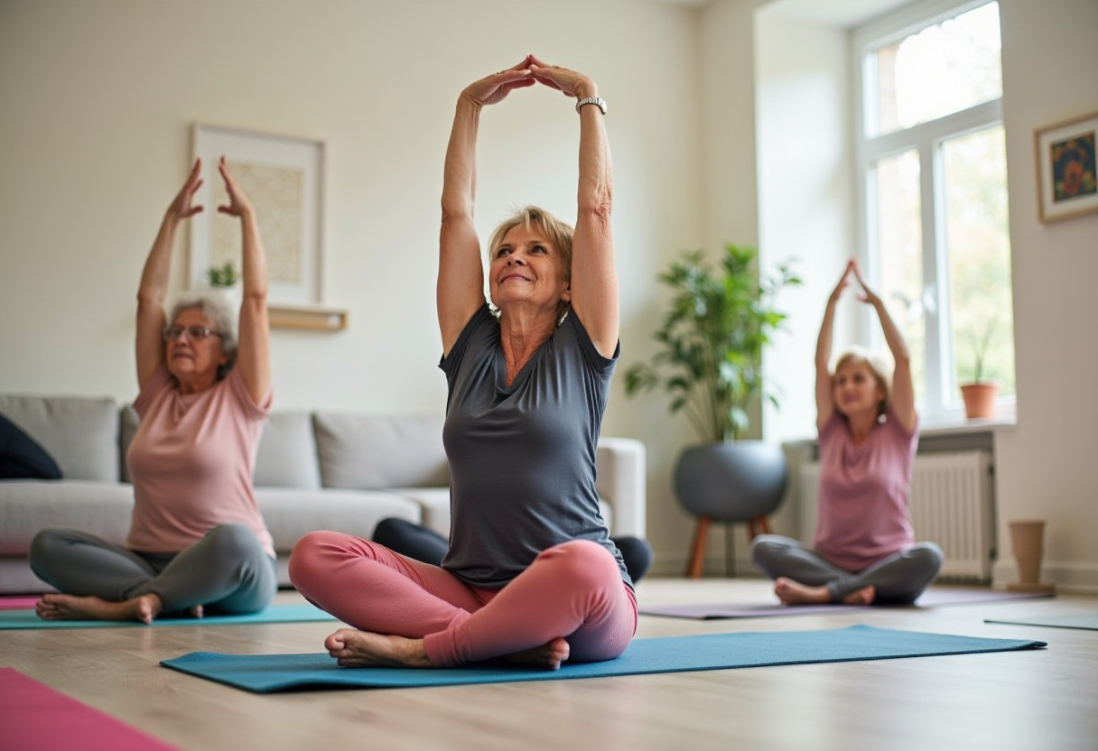 Инструктор по йога консултира възрастен човек