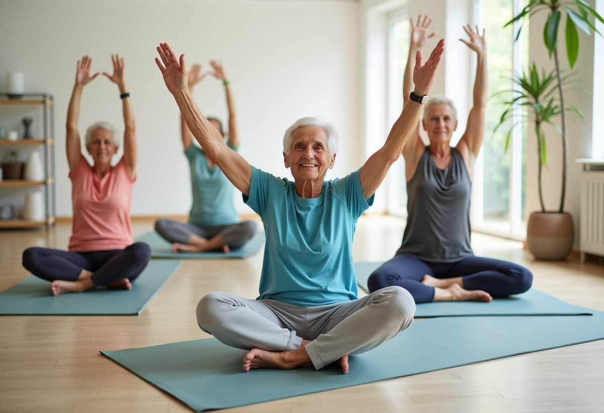 Възрастни хора медитират на открито